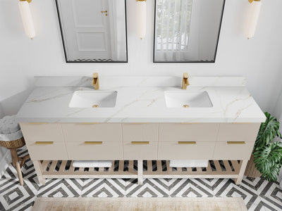 Catalina 84 in. W x 22 in. D Double Sink Bathroom Vanity in Fine Grain with 2 in Calacatta Sienna Quartz Countertop - Top View