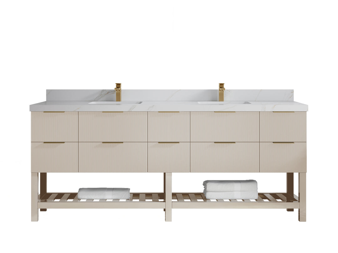 Catalina 84 in. W x 22 in. D Double Sink Bathroom Vanity in Fine Grain with 2 in Calacatta Sienna Quartz Countertop