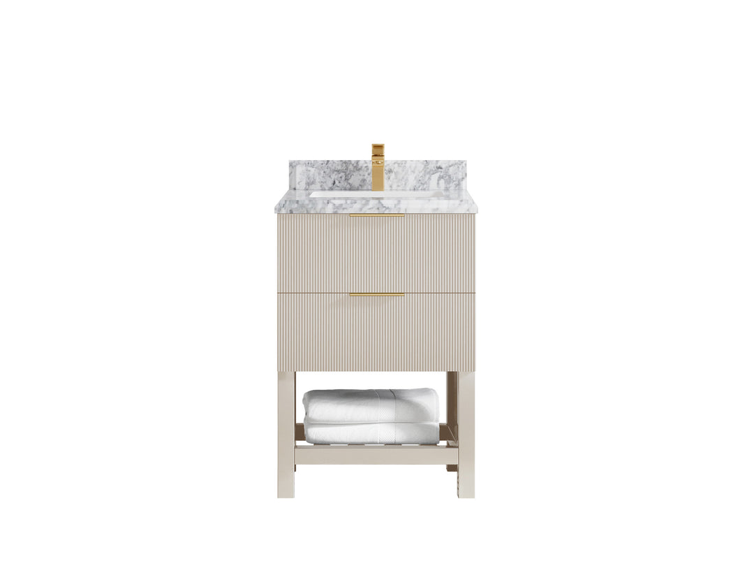 Catalina 24 in. W x 22 in. D Single Sink Bathroom Vanity in Fine Grain with 1.5 in Double Cove Edge Carrara Marble Countertop - Top View