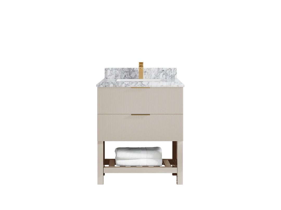 Catalina 30 in. W x 22 in. D Single Sink Bathroom Vanity in Fine Grain with 1.5 in Double Cove Edge Carrara Marble Countertop 