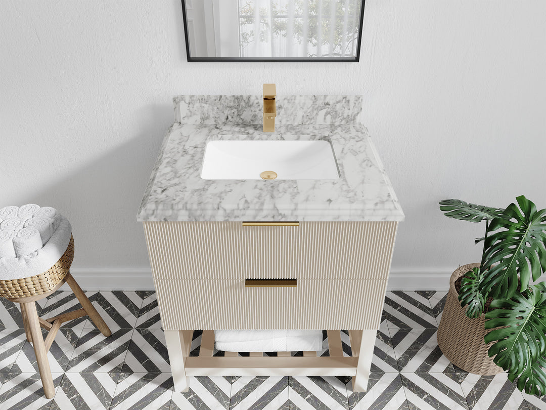 Catalina 30 in. W x 22 in. D Single Sink Bathroom Vanity in Fine Grain with 1.5 in Double Cove Edge Carrara Marble Countertop - Top View