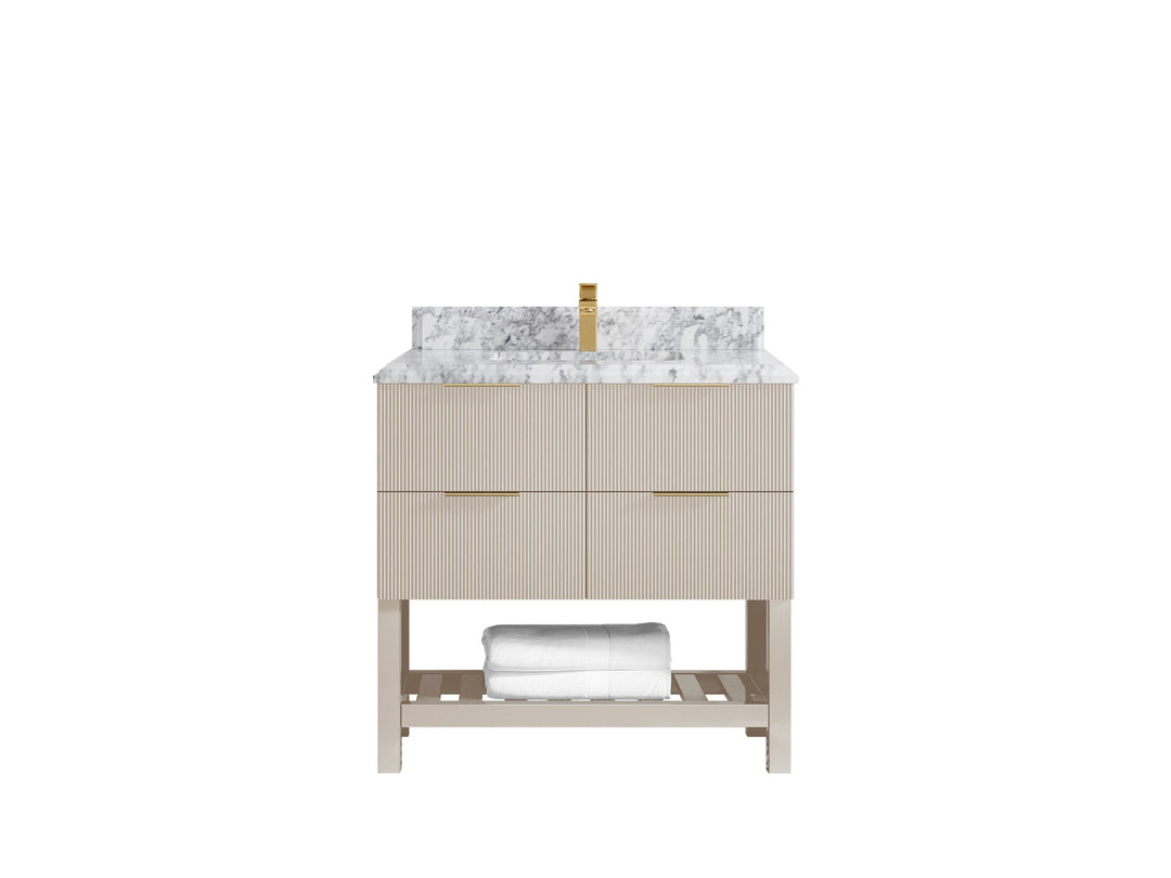 Catalina 36 in. W x 22 in. D Single Sink Bathroom Vanity in Fine Grain with 1.5 in Double Cove Edge Carrara Marble Countertop 