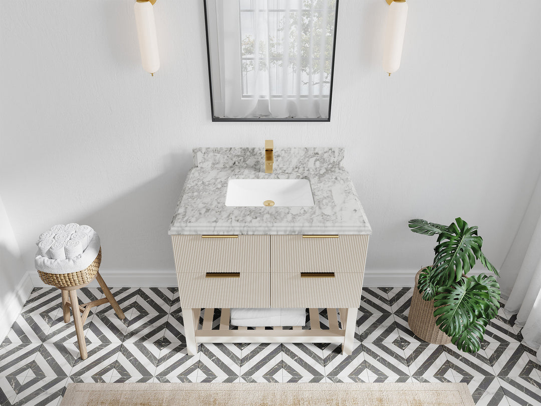 Catalina 36 in. W x 22 in. D Single Sink Bathroom Vanity in Fine Grain with 1.5 in Double Cove Edge Carrara Marble Countertop - Top View