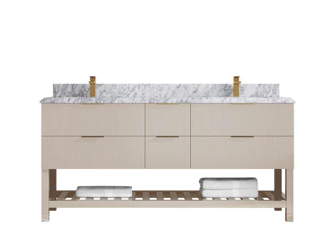 Catalina 72 in. W x 22 in. D Double Sink Bathroom Vanity in Fine Grain with 1.5 in Double Cove Edge Carrara Marble Countertop