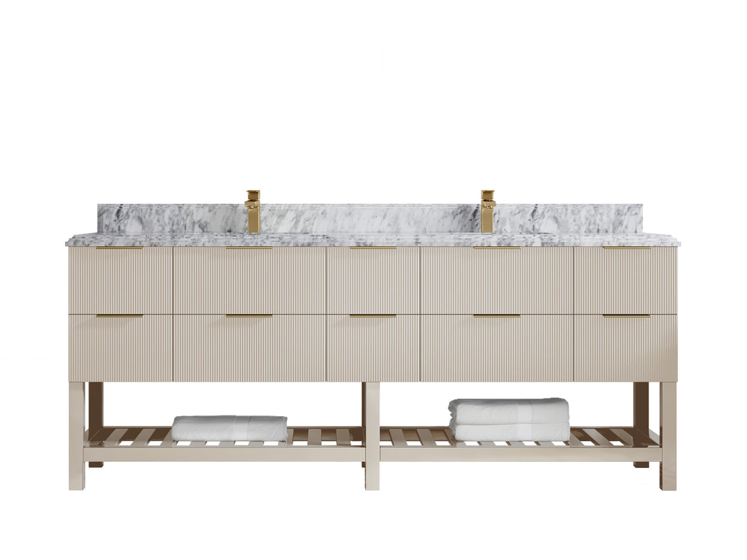 Catalina 84 in. W x 22 in. D Double Sink Bathroom Vanity in Fine Grain with 1.5 in Double Cove Edge Carrara Marble Countertop 