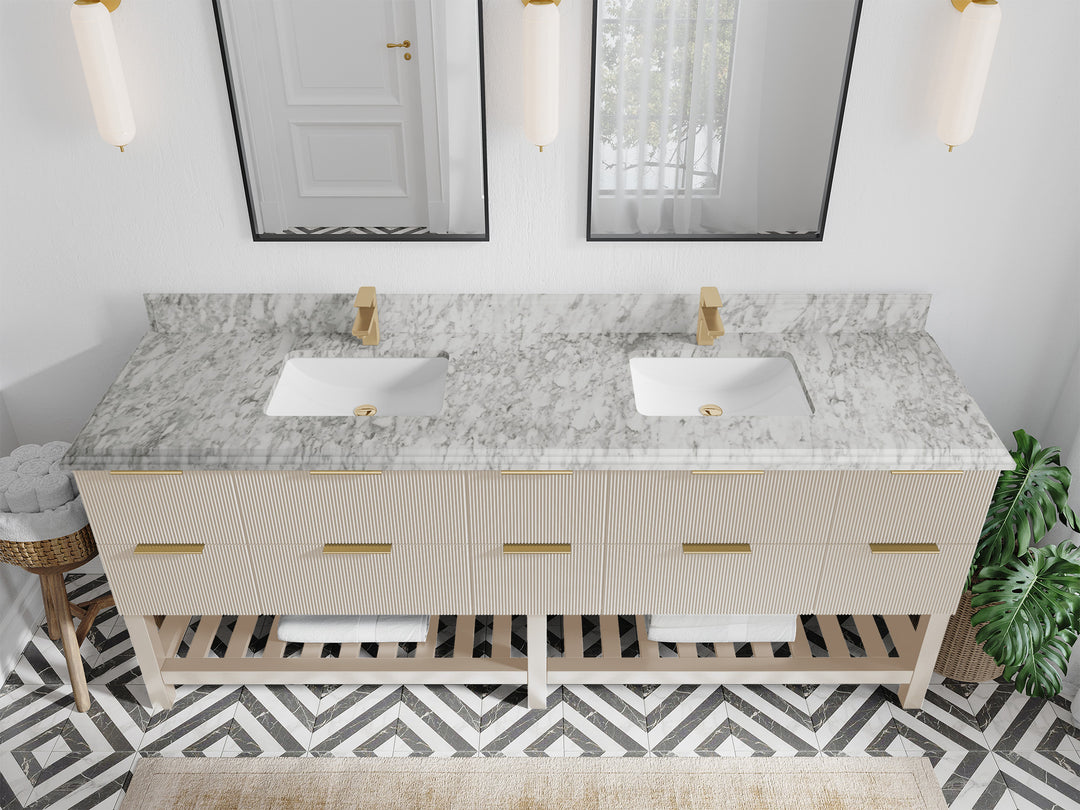 Catalina 84 in. W x 22 in. D Double Sink Bathroom Vanity in Fine Grain with 1.5 in Double Cove Edge Carrara Marble Countertop - Top View