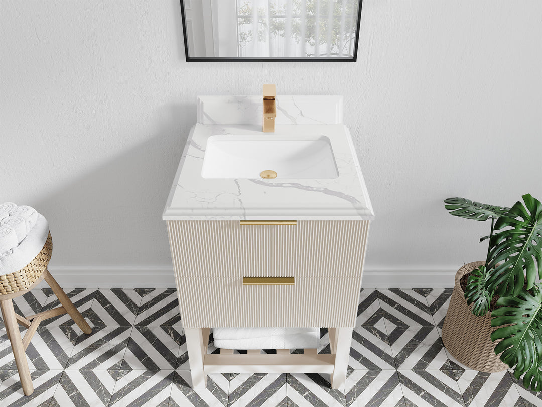 Catalina 24 in. W x 22 in. D Single Sink Bathroom Vanity in Fine Grain with 1.5 in Double Cove Edge Calacatta Laza Quartz Countertop - Top View