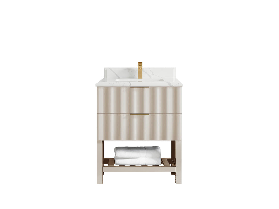 Catalina 30 in. W x 22 in. D Single Sink Bathroom Vanity in Fine Grain with 1.5 in Double Cove Edge Calacatta Laza Quartz Countertop 
