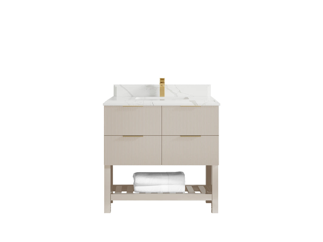 Catalina 36 in. W x 22 in. D Single Sink Bathroom Vanity in Fine Grain with 1.5 in Double Cove Edge Calacatta Laza Quartz Countertop