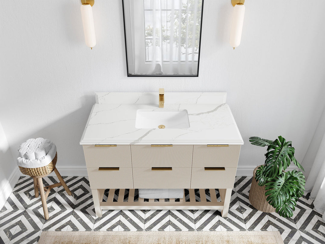 Catalina 48 in. W x 22 in. D Single Sink Bathroom Vanity in Fine Grain with 1.5 in Double Cove Calacatta Laza Quartz Countertop - Top View