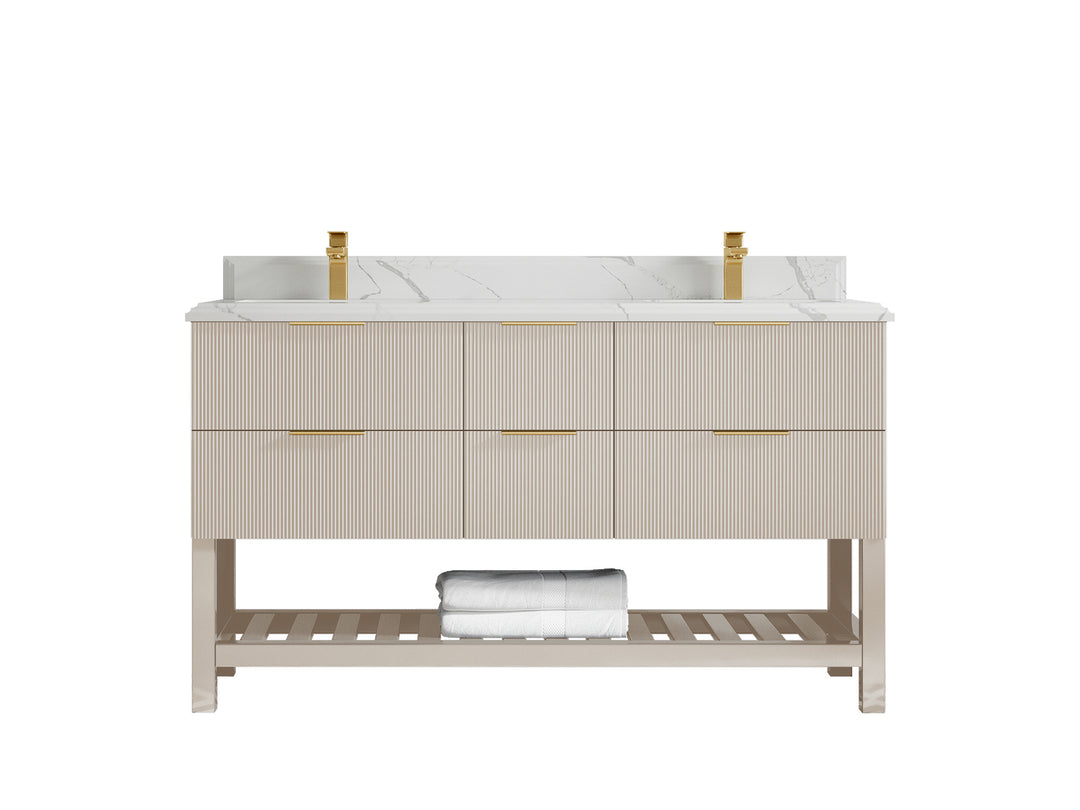 Catalina 60 in. W x 22 in. D Double Sink Bathroom Vanity in Fine Grain with 1.5 in Double Cove Edge Calacatta Laza Quartz Countertop