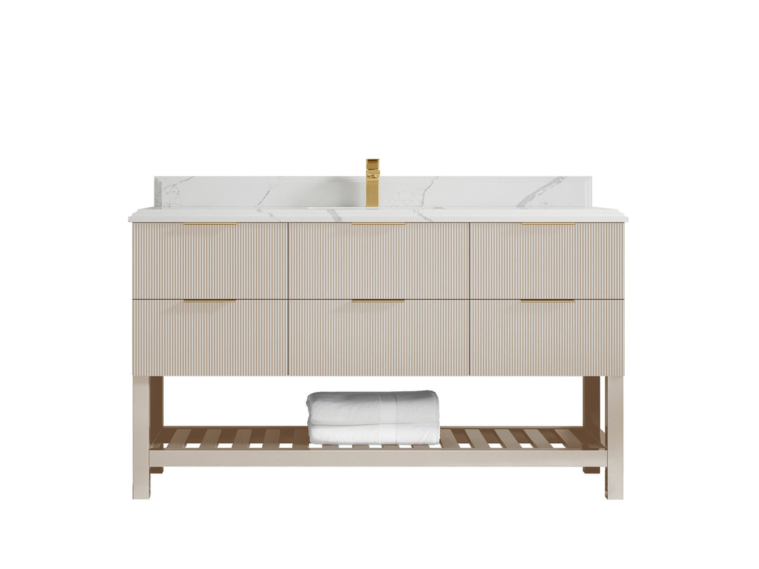 Catalina 60 in. W x 22 in. D Single Sink Bathroom Vanity in Fine Grain with 1.5 in Double Cove Edge Calacatta Laza Quartz Countertop