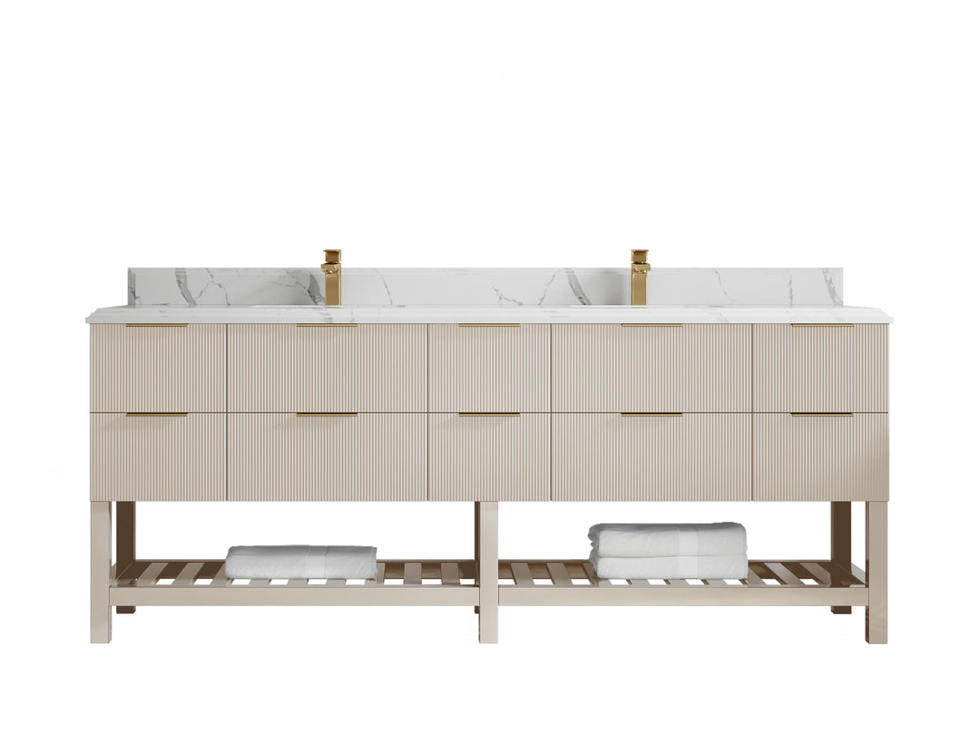 Catalina 84 in. W x 22 in. D Double Sink Bathroom Vanity in Fine Grain with 1.5 in Double Cove Edge Calacatta Laza Quartz Countertop