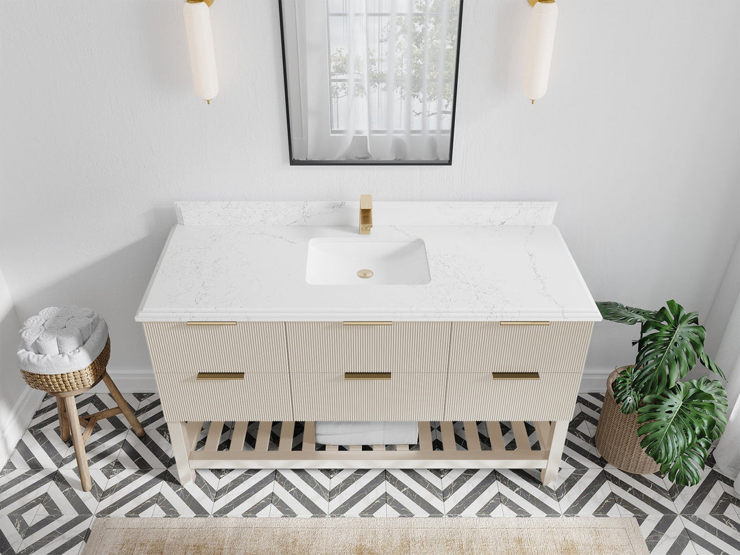 Catalina 60 in. W x 22 in. D Single Sink Bathroom Vanity in Fine Grain with 1.5 in Double Cove Edge Empira Quartz Countertop- Top View 
