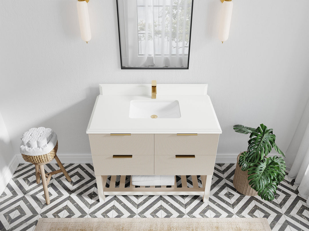 Catalina 42 in. W x 22 in. D Single Sink Bathroom Vanity in Fine Grain with 2 in Double Cove White Quartz Countertop Top View