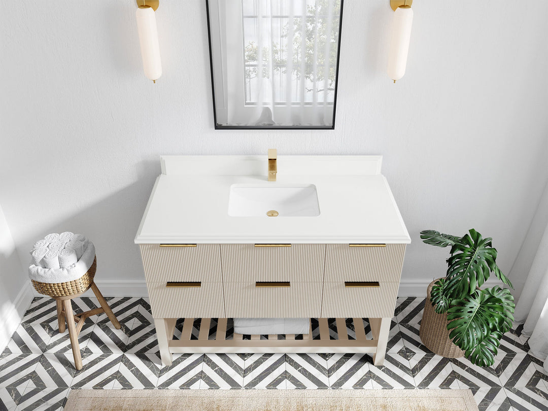 Catalina 48 in. W x 22 in. D Single Sink Bathroom Vanity in Fine Grain with 1.5 in Double Cove White Quartz Countertop - Top View
