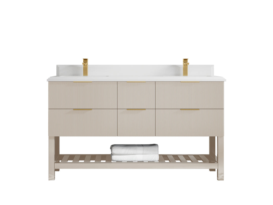 Catalina 60 in. W x 22 in. D Double Sink Bathroom Vanity in Fine Grain with 1.5 in Double Cove Edge White Quartz Countertop