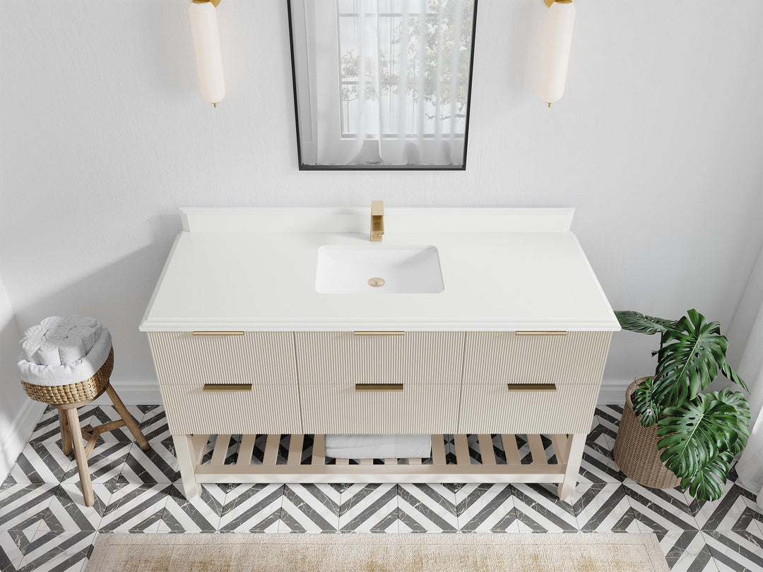 Catalina 60 in. W x 22 in. D Single Sink Bathroom Vanity in Fine Grain with 1.5 in Double Cove Edge White Quartz Countertop- Top View 