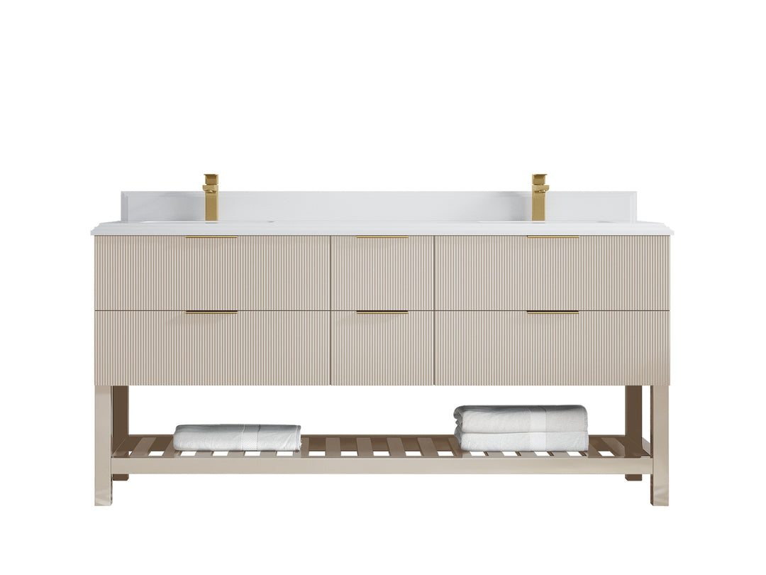 Catalina 72 in. W x 22 in. D Double Sink Bathroom Vanity in Fine Grain with 1.5 in Double Cove Edge White Quartz Countertop