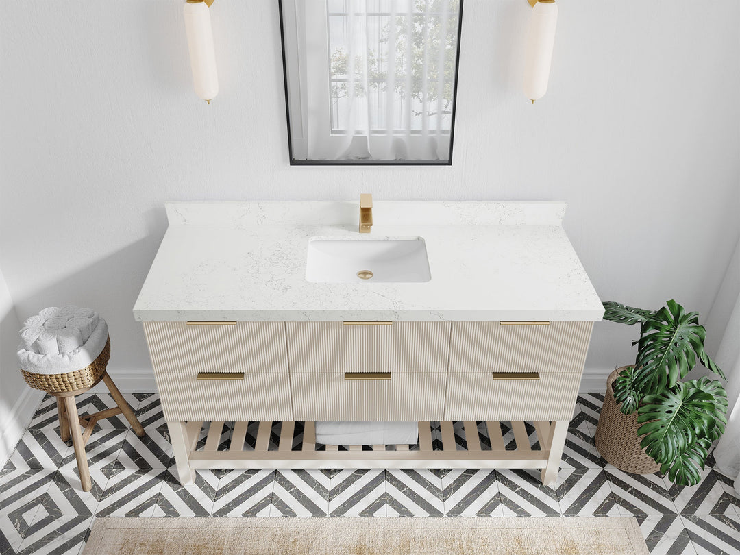 Catalina 60 in. W x 22 in. D Single Sink Bathroom Vanity in Fine Grain with 2 in Carrara Quartz Countertop - Top View