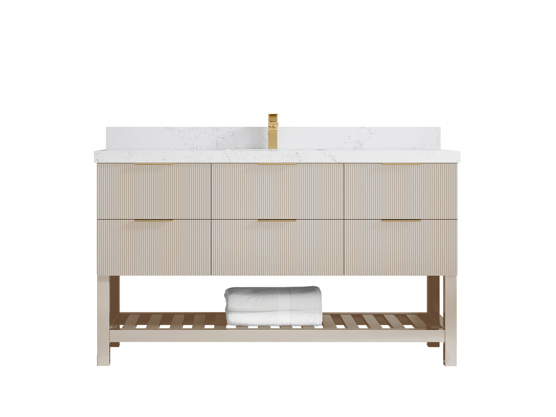 Catalina 60 in. W x 22 in. D Single Sink Bathroom Vanity in Fine Grain with 2 in Carrara Quartz Countertop