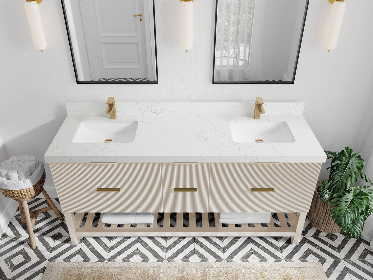 Catalina 72 in. W x 22 in. D Double Sink Bathroom Vanity in Fine Grain with 2 in Empira Quartz Countertop - Top View