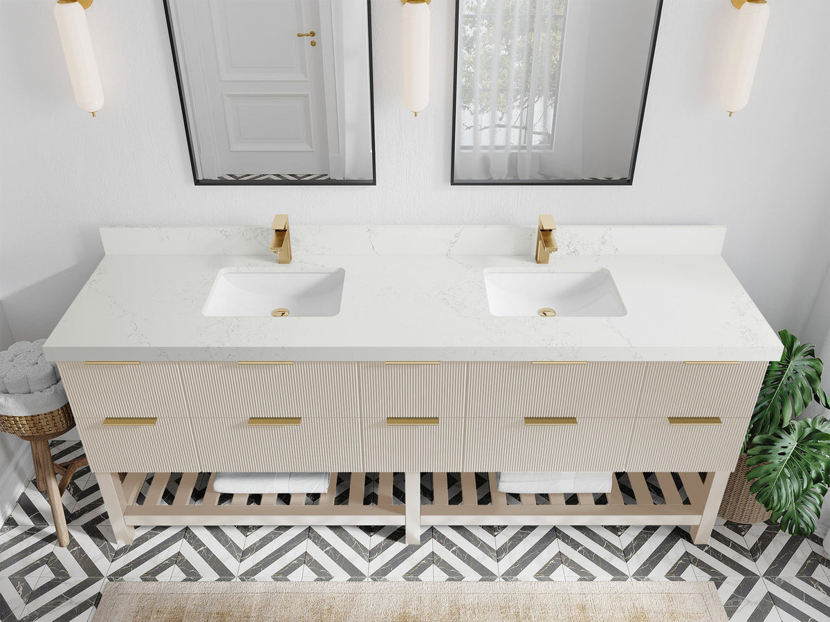 Catalina 84 in. W x 22 in. D Double Sink Bathroom Vanity in Fine Grain with 2 in Empira Quartz Countertop - Top View