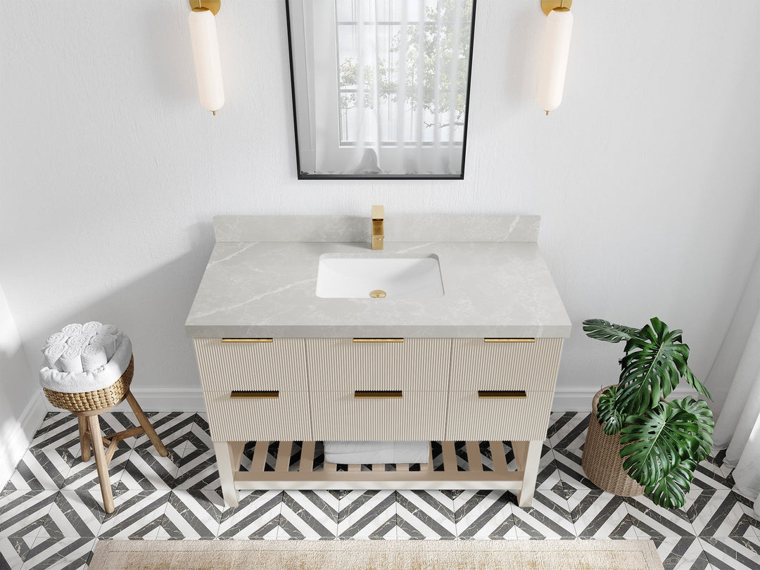 Catalina 48 in. W x 22 in. D Single Sink Bathroom Vanity in Fine Grain with 2 in Pearl Light Gray Quartz Countertop - Top View