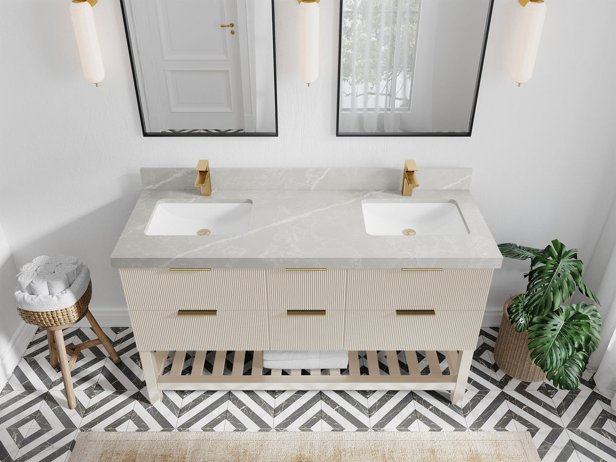 Catalina 60 in. W x 22 in. D Double Sink Bathroom Vanity in Fine Grain with 2 in Pearl Light Gray Quartz Countertop - Top View
