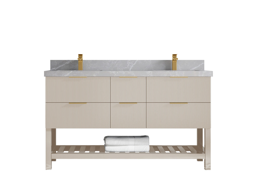 Catalina 60 in. W x 22 in. D Double Sink Bathroom Vanity in Fine Grain with 2 in Pearl Light Gray Quartz Countertop