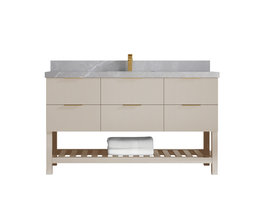 Catalina 60 in. W x 22 in. D Single Sink Bathroom Vanity in Fine Grain with 2 in Pearl Light Gray Quartz Countertop
