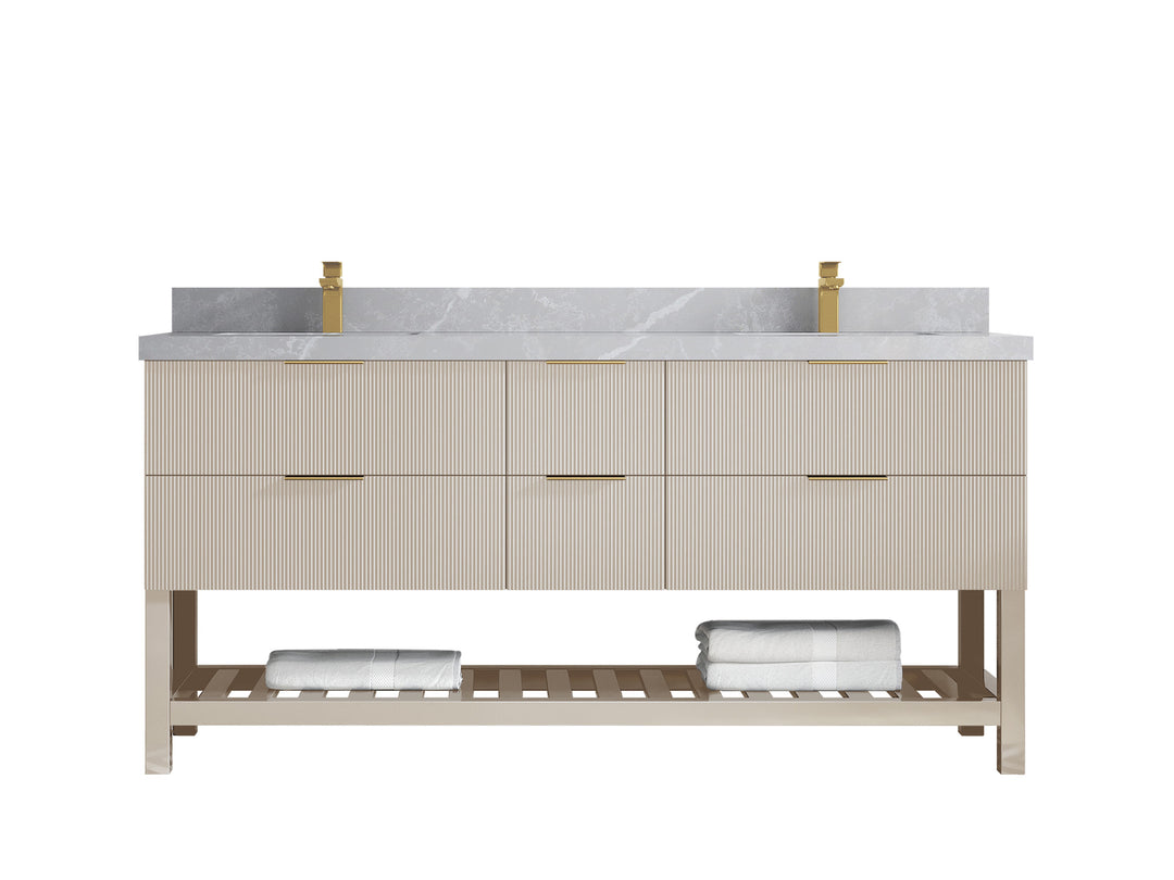 Catalina 72 in. W x 22 in. D Double Sink Bathroom Vanity in Fine Grain with 2 in Pearl Light Gray Quartz Countertop