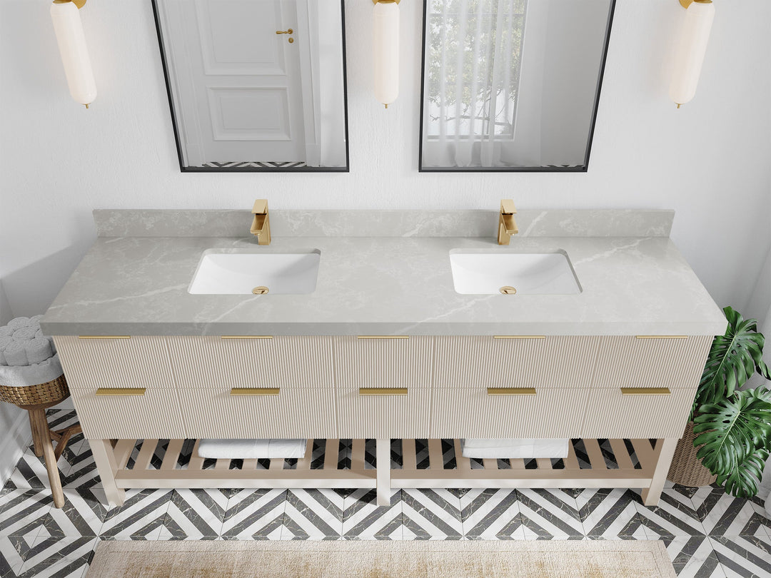 Catalina 84 in. W x 22 in. D Double Sink Bathroom Vanity in Fine Grain with 2 in Pearl Light Gray Quartz Countertop - Top View