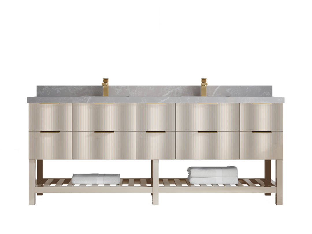 Catalina 84 in. W x 22 in. D Double Sink Bathroom Vanity in Fine Grain with 2 in Pearl Light Gray Quartz Countertop