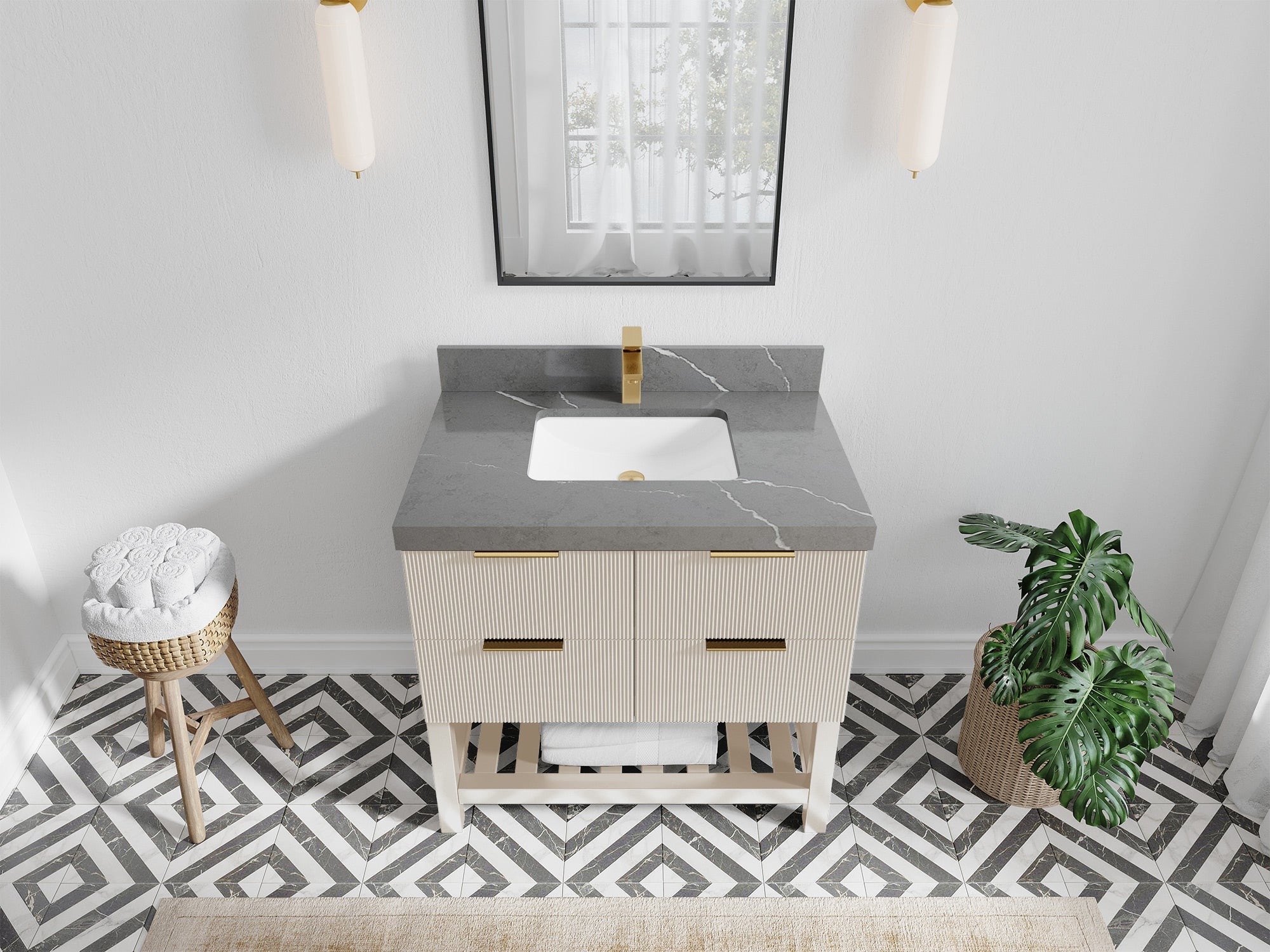 Catalina 36 in. W x 22 in. D Single Sink Bathroom Vanity in Fine Grain with 2 in Piatra Gray Quartz Countertop - Top View