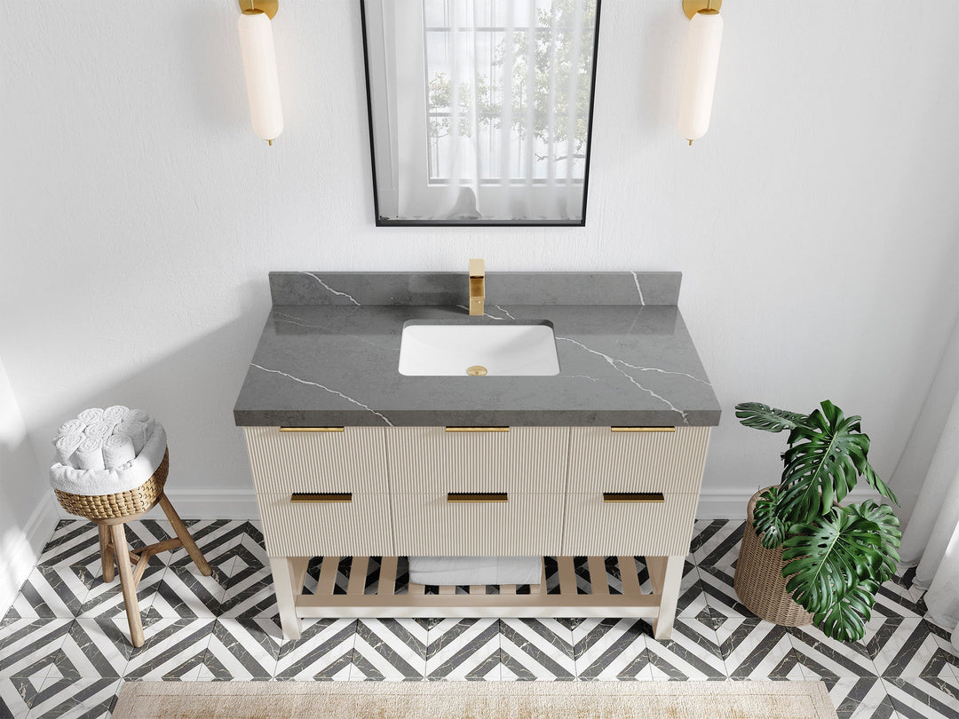 Catalina 48 in. W x 22 in. D Single Sink Bathroom Vanity in Fine Grain with 2 in Piatra Gray Quartz Countertop - Top View