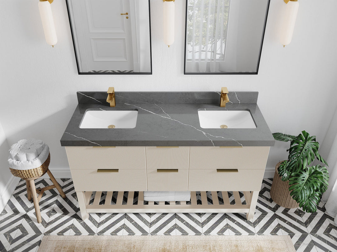Catalina 60 in. W x 22 in. D Double Sink Bathroom Vanity in Fine Grain with 2 in Piatra Gray Quartz Countertop - Top View