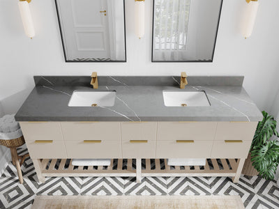 Catalina 84 in. W x 22 in. D Double Sink Bathroom Vanity in Fine Grain with 2 in Piatra Gray Quartz Countertop - Top View