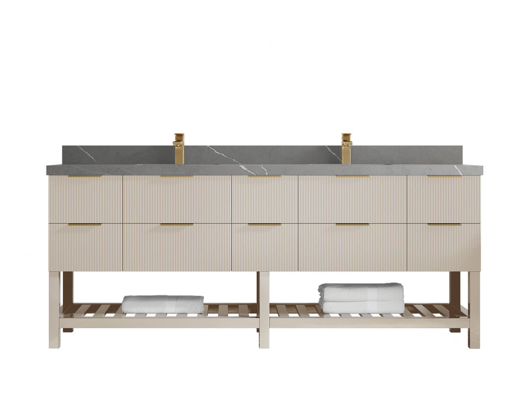 Catalina 84 in. W x 22 in. D Double Sink Bathroom Vanity in Fine Grain with 2 in Piatra Gray Quartz Countertop 
