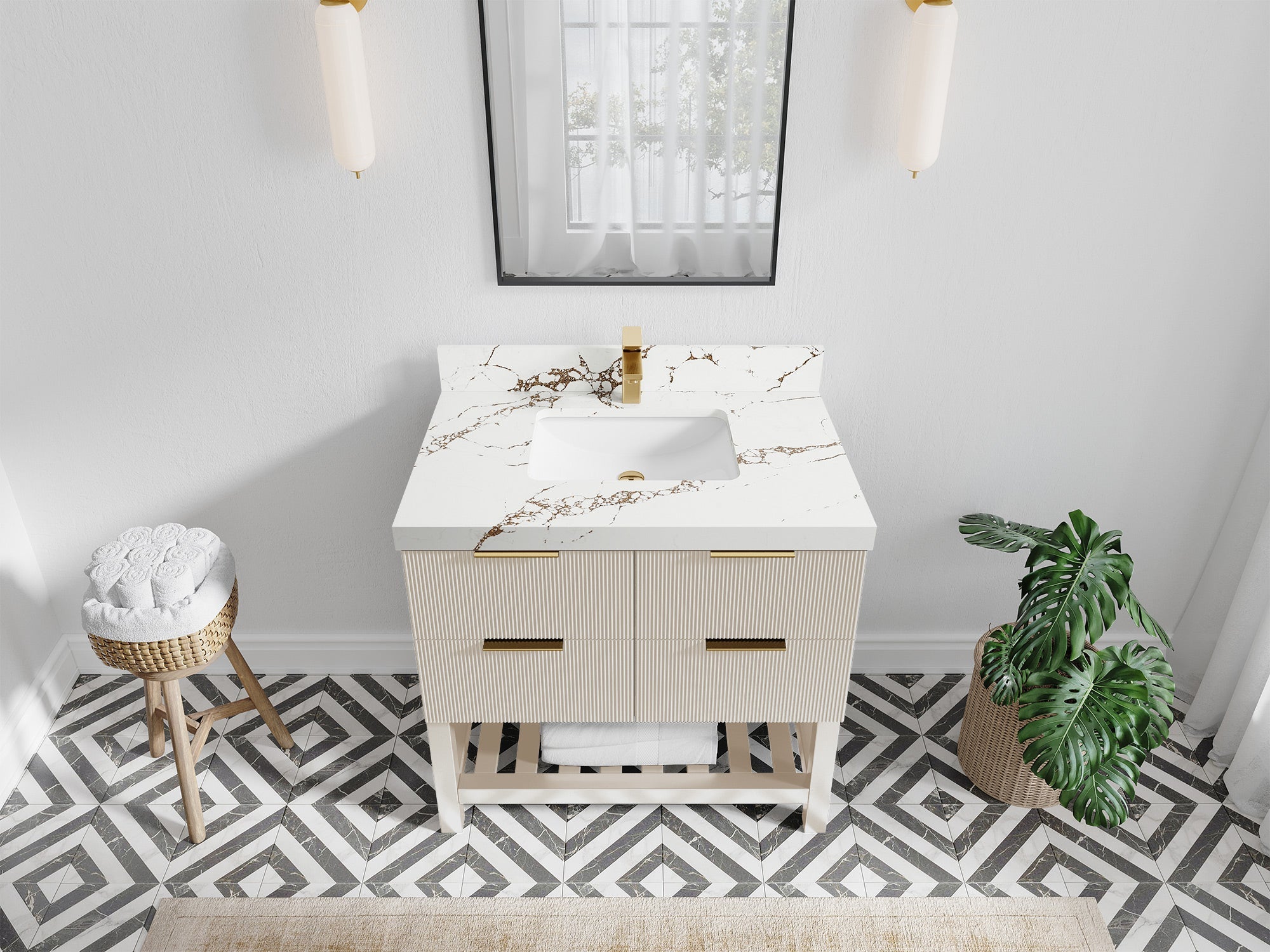 Catalina 36 in. W x 22 in. D Single Sink Bathroom Vanity in Fine Grain with 2 in Viola Brown Quartz Countertop - Top View