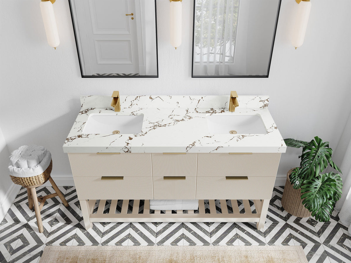 Catalina 60 in. W x 22 in. D Double Sink Bathroom Vanity in Fine Grain with 2 in Viola Brown Quartz Countertop - Top View