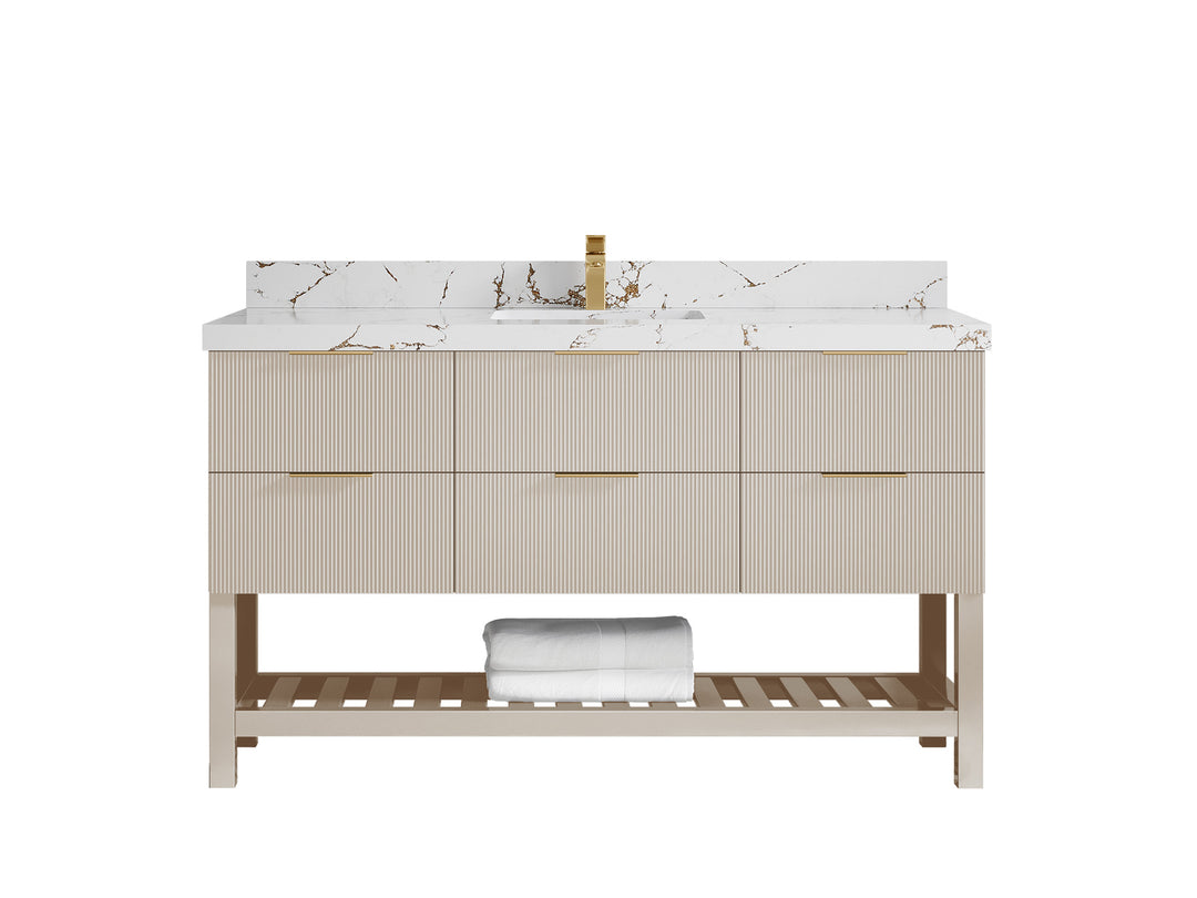 Catalina 60 in. W x 22 in. D Single Sink Bathroom Vanity in Fine Grain with 2 in Viola Brown Quartz Countertop