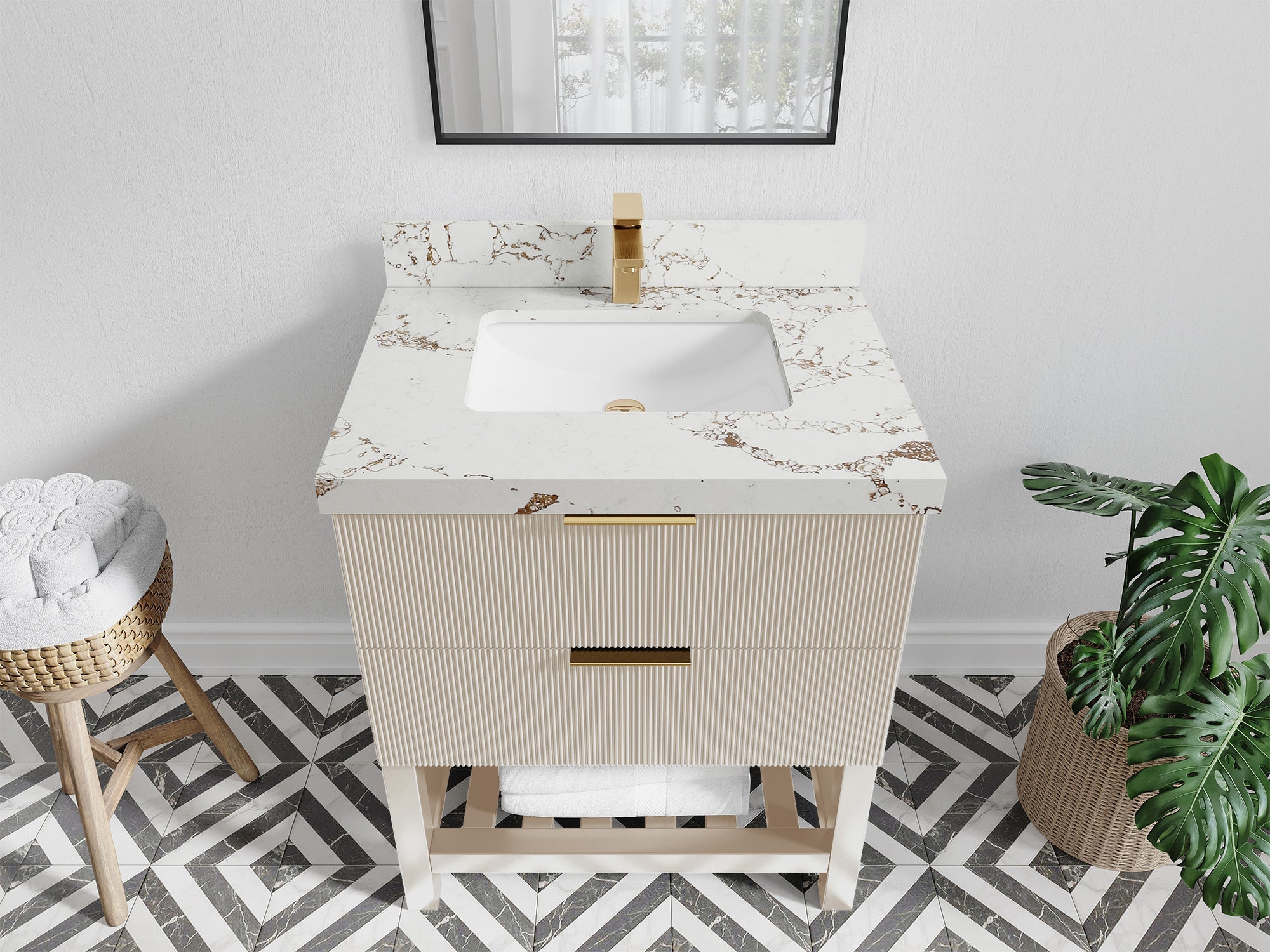 Catalina 30 in. W x 22 in. D Single Sink Bathroom Vanity in Fine Grain with 2 in Viola Gold Quartz Countertop - Top View