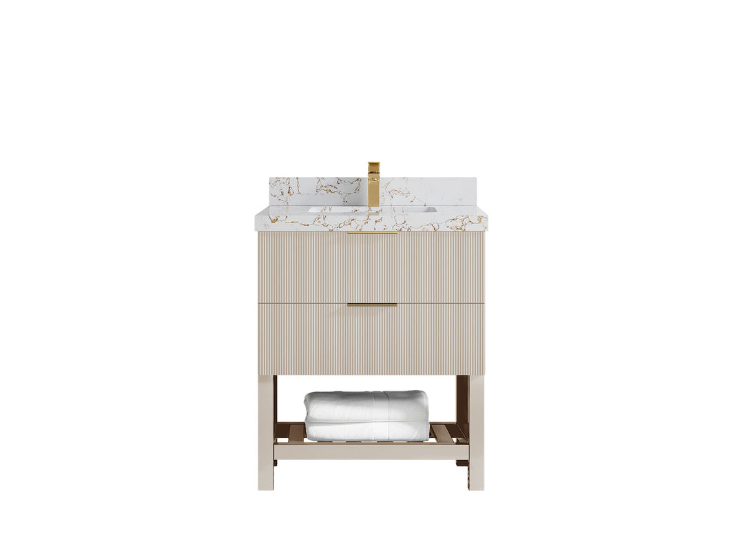 Catalina 30 in. W x 22 in. D Single Sink Bathroom Vanity in Fine Grain with 2 in Viola Gold Quartz Countertop 
