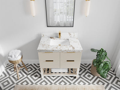 Catalina 36 in. W x 22 in. D Single Sink Bathroom Vanity in Fine Grain with 2 in Viola Gold Quartz Countertop - Top View