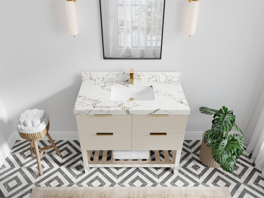 Catalina 42 in. W x 22 in. D Single Sink Bathroom Vanity in Fine Grain with 2 in Viola Gold Quartz Countertop Top View