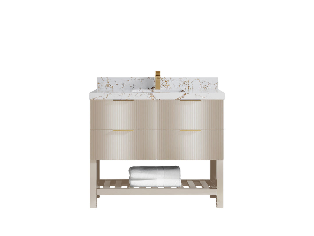 Catalina 42 in. W x 22 in. D Single Sink Bathroom Vanity in Fine Grain with 2 in Viola Gold Quartz Countertop