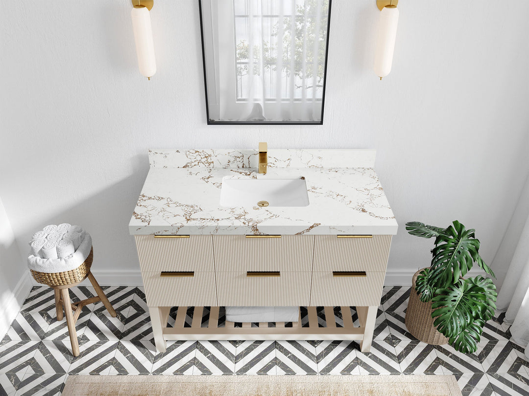 Catalina 48 in. W x 22 in. D Single Sink Bathroom Vanity in Fine Grain with 2 in Viola Gold Quartz Countertop - Top View