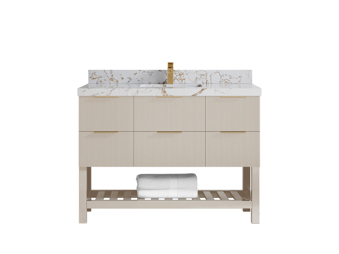 Catalina 48 in. W x 22 in. D Single Sink Bathroom Vanity in Fine Grain with 2 in Viola Gold Quartz Countertop