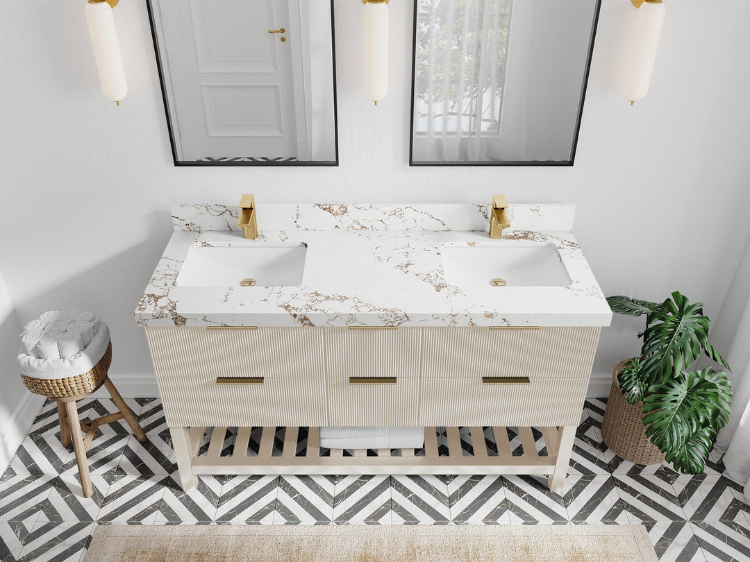 Catalina 60 in. W x 22 in. D Double Sink Bathroom Vanity in Fine Grain with 2 in Viola Gold Quartz Countertop - Top View